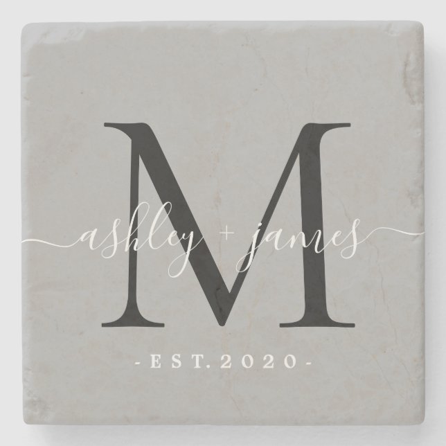 Chic Monogram Script Names Wedding Date Gray Steinuntersetzer (Vorderseite)