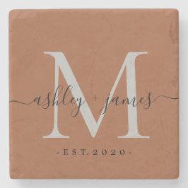 Chic Monogram Script TerraCotta Names Wedding Date Steinuntersetzer