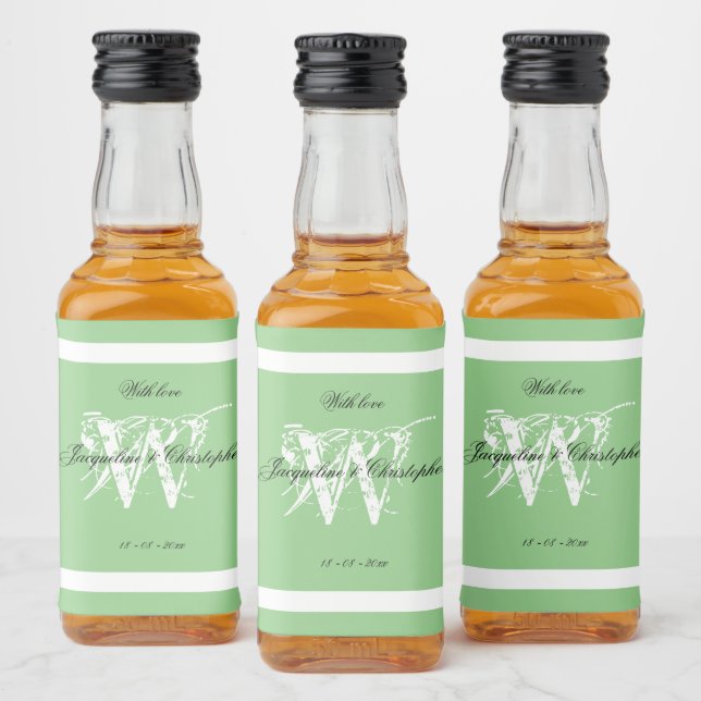 Chic Monogram Wedding Elegant Mint Green Mini Alkoholflaschenetikett (Flaschen)