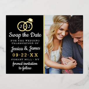 Chic Monogram Wedding Rings Rette oder tauscht das Folie Einladungspostkarte