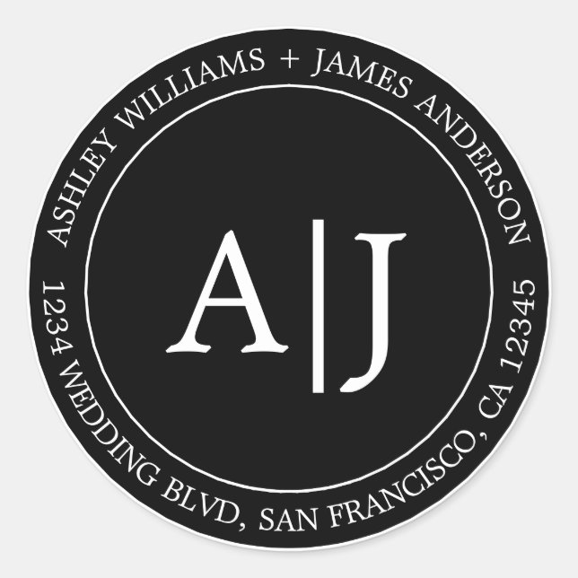 Chic Monogram Wedding Rücksendeadresse Black Runder Aufkleber (Vorderseite)