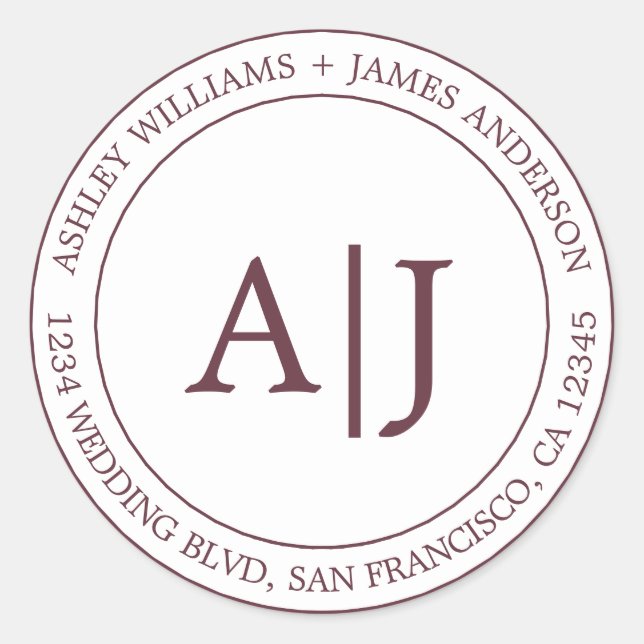 Chic Monogram Wedding Rücksendeadresse Burgundy Runder Aufkleber (Vorderseite)