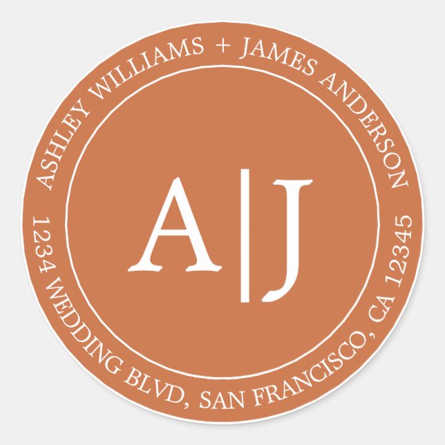 Chic Monogram Wedding Rücksendeadresse Burnt Orang Runder Aufkleber (Vorderseite)