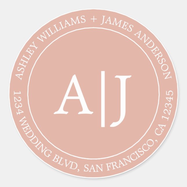Chic Monogram Wedding Rücksendeadresse Dusty Pink Runder Aufkleber (Vorderseite)