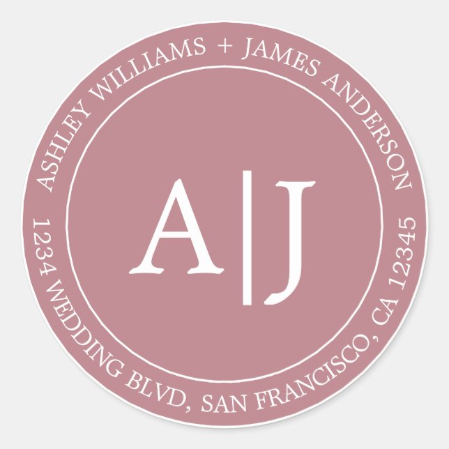 Chic Monogram Wedding Rücksendeadresse Dusty Rose Runder Aufkleber (Vorderseite)