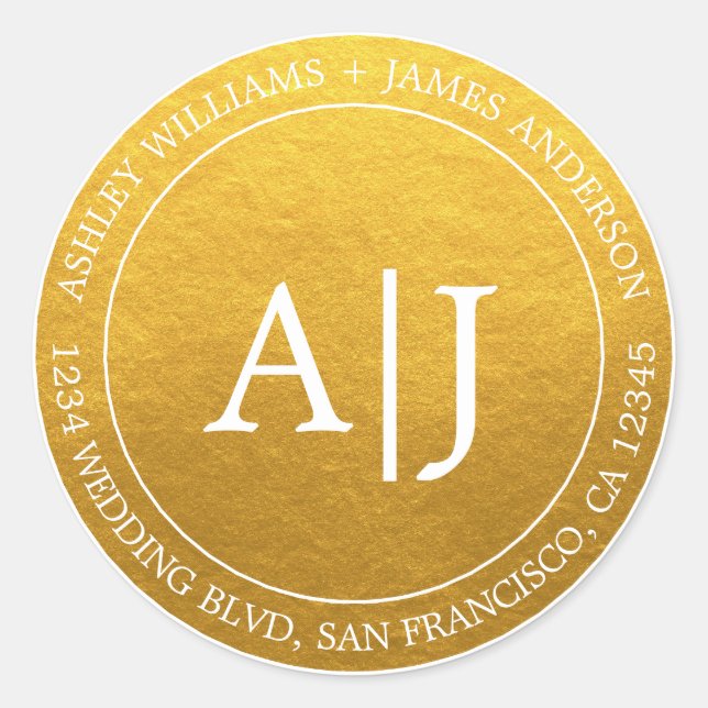 Chic Monogram Wedding Rücksendeadresse Gold Classi Runder Aufkleber (Vorderseite)
