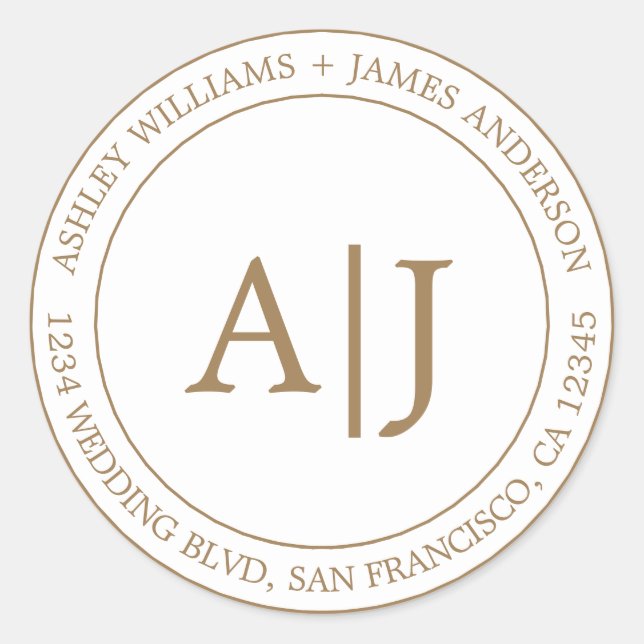 Chic Monogram Wedding Rücksendeadresse Gold Runder Aufkleber (Vorderseite)
