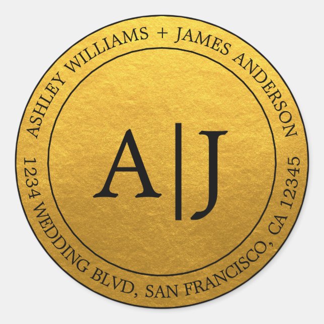 Chic Monogram Wedding Rücksendeadresse Gold Runder Aufkleber (Vorderseite)