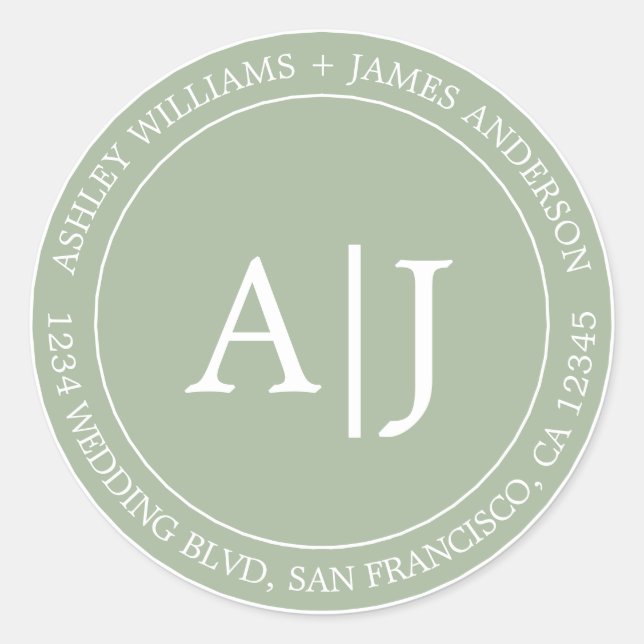Chic Monogram Wedding Rücksendeadresse Laurel Gree Runder Aufkleber (Vorderseite)