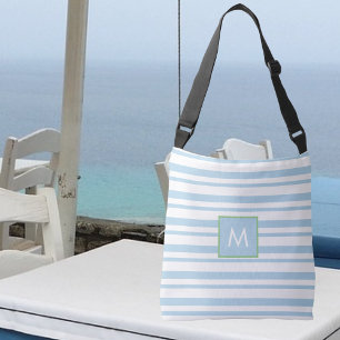 Chic Monogram, weiße und hellblaue Streifen Tragetaschen Mit Langen Trägern