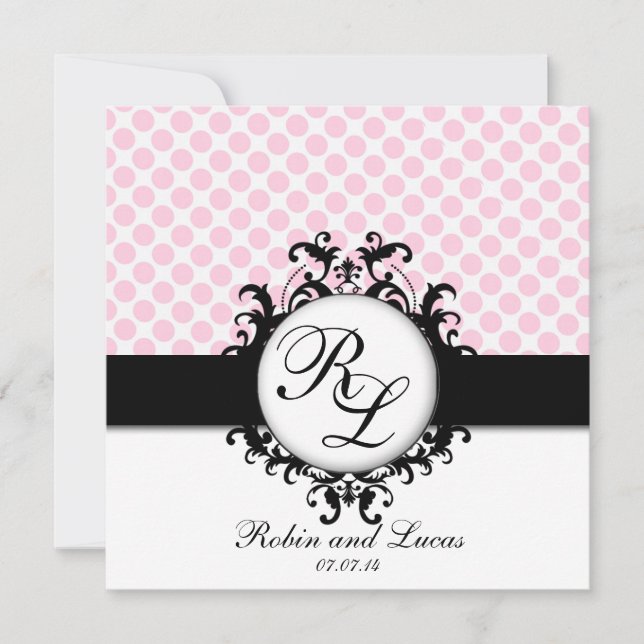 Chic Monogramme Hochzeitsrosa Polka-Punkte Einladung (Vorderseite)