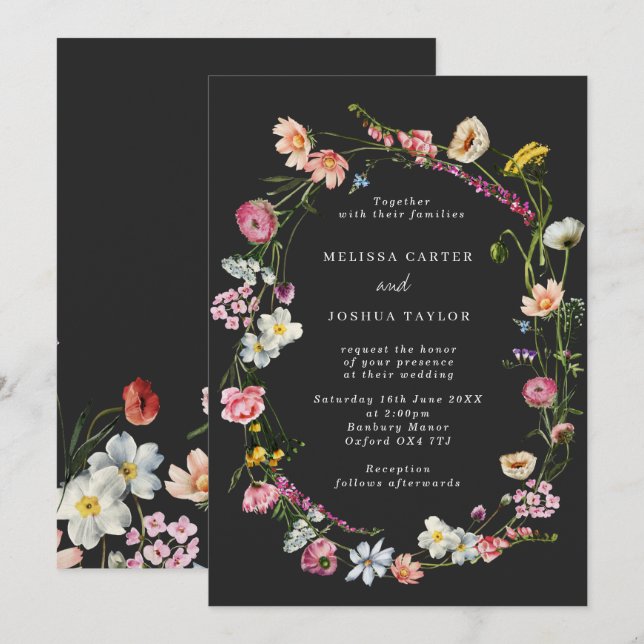 Chic Moody Wild Blume Wreath Wedding Einladung (Vorne/Hinten)