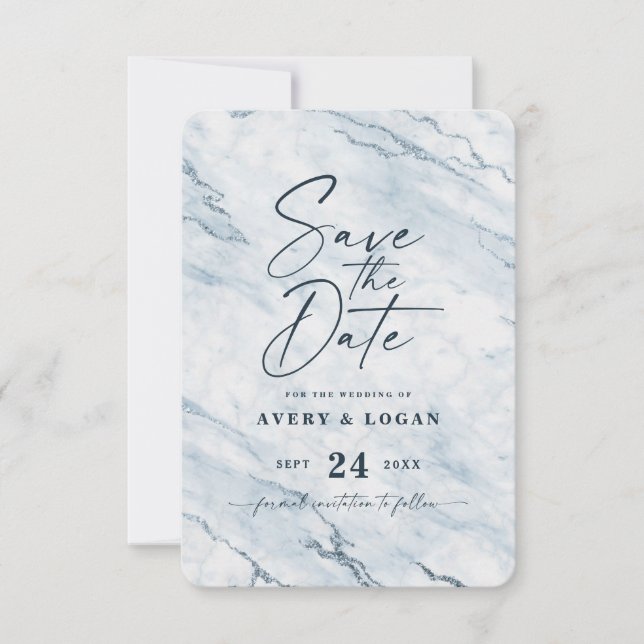 Chic Moonlight Marmor mit dusty Blue Foil Details Save The Date (Vorderseite)