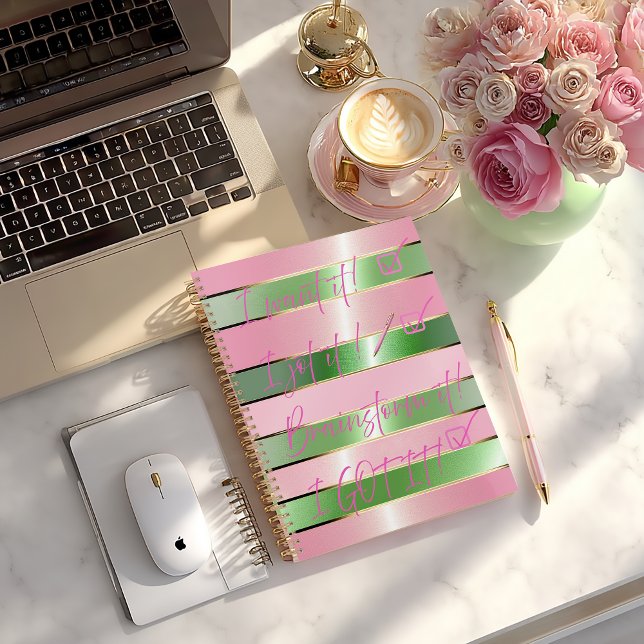 Chic Motivational Striped Pink and Green Quote  (Chic Motivational Quote Pink and Green Striped Planner/Glossy Soft Cover (pictured) or Matte Hard )