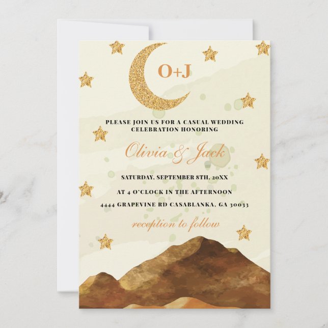 Chic Mountain Moon Aquarell Gold elegante Hochzeit Einladung (Vorderseite)