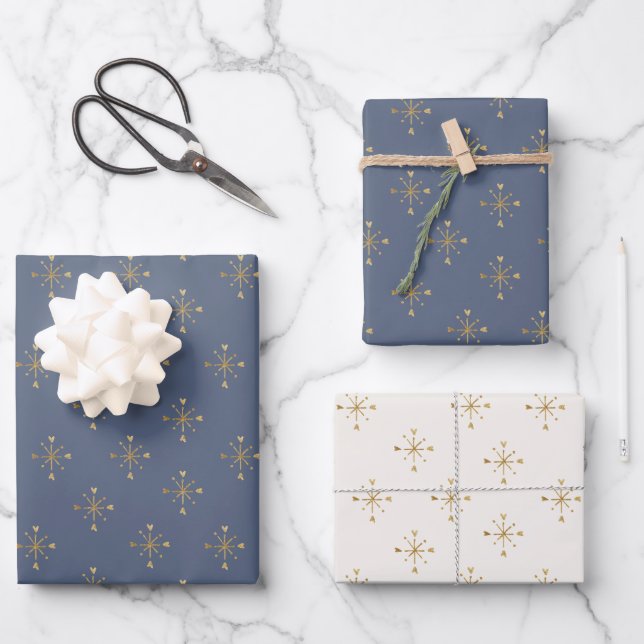 Chic Mutes Blue Ivory & Gold Star Geschenkpapier Set (Vorderseite)