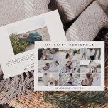 Chic My First Christmas 10 Baby Foto Collage Feiertagskarte<br><div class="desc">Diese schicke Weihnachts 10 Baby Foto Collage Urlaubskarte ist die perfekte moderne Begrüßung. Das einfache Design zeichnet sich durch klassisch minimalistische schwarz-weiße Typografie mit einem rustikalen Bohustempfinden aus. Anpassbar in jeder Farbe. Personalisieren Sie die Karte mit 10 Baby-Fotos,  Name und Geburtsankündigung oder einem Jahr in Rezension Ferien-Nachricht.</div>