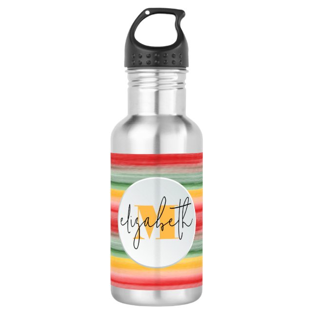 Chic Name and Monogram on Stripes Edelstahlflasche (Vorderseite)