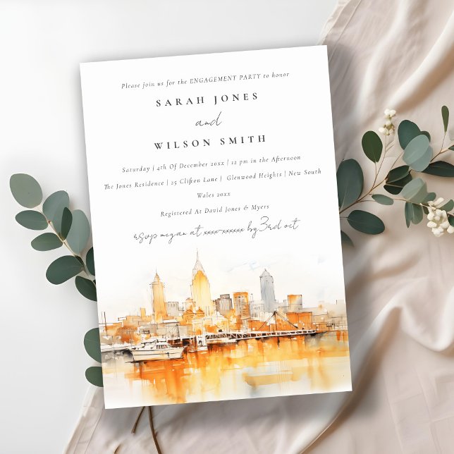 Chic Nashville City Skyline Watercolor Verlobung Einladung (Von Creator hochgeladen)