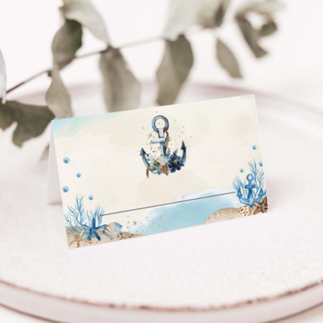 Chic Nautical Anchor Beach Moderne Hochzeit Platzkarte (nautical beach wedding guest name tabletop folded tent place cards blue anchor floral oceanfront  )