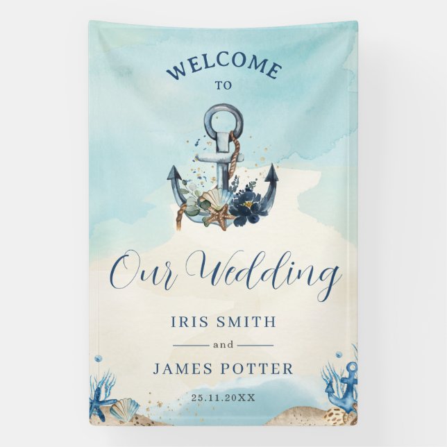 Chic Nautical Anchor Beach Moderne Hochzeit Willko Banner (Vertikal)