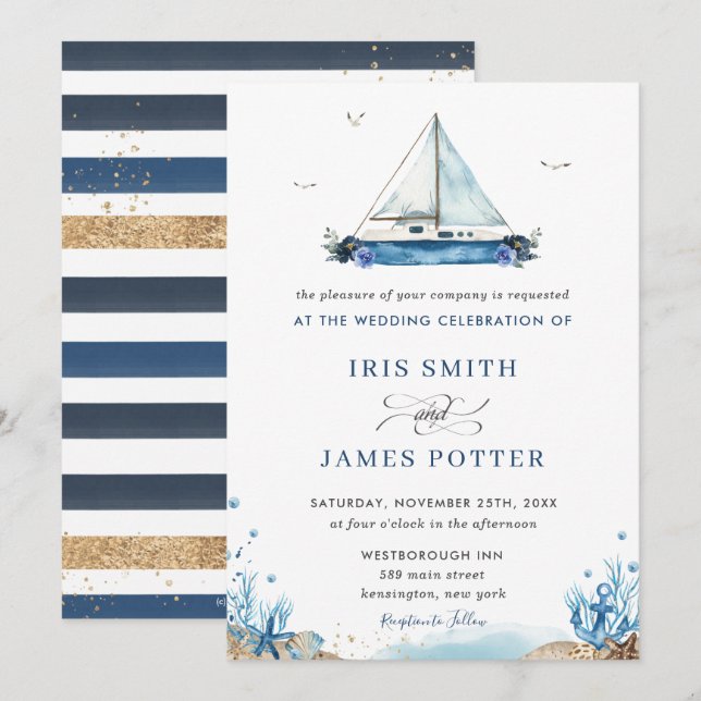 Chic Nautical Blue Boat Beach Moderne Hochzeit Einladung (Vorne/Hinten)