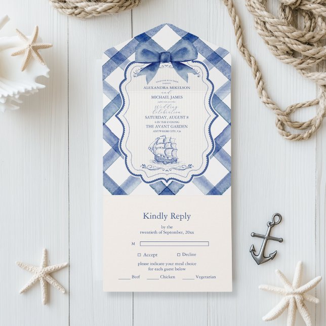 Chic Nautical Navy Blue Bow Wedding All In One Einladung (Von Creator hochgeladen)