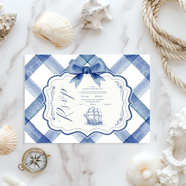 Chic Nautical Navy Blue Bow Wedding RSVP Karte (Von Creator hochgeladen)