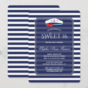 Chic Nautical Navy Stripes Silver Sweet 16 Party Einladung
