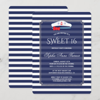 Chic Nautical Navy Stripes Silver Sweet 16 Party Einladung