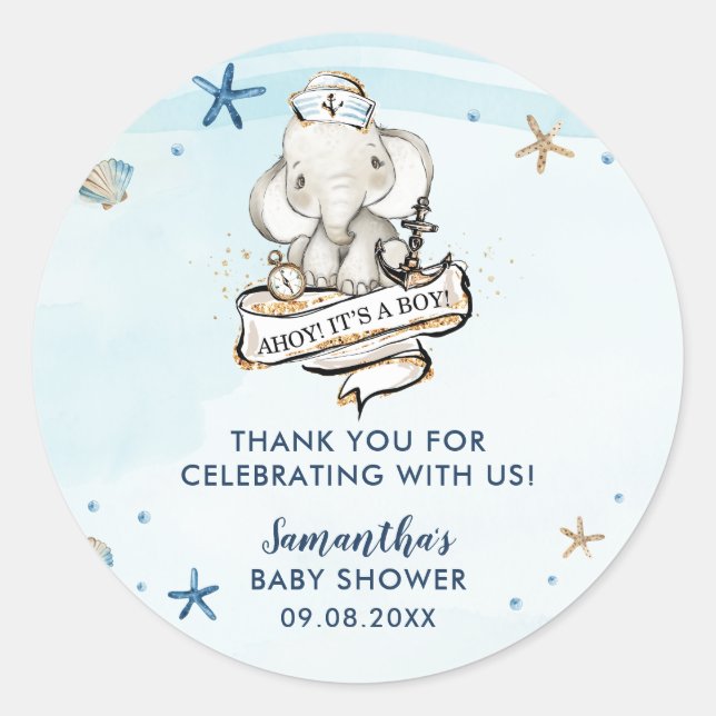 Chic Nautical Niedlich Elephant Boy Baby Shower Ge Runder Aufkleber (Vorderseite)