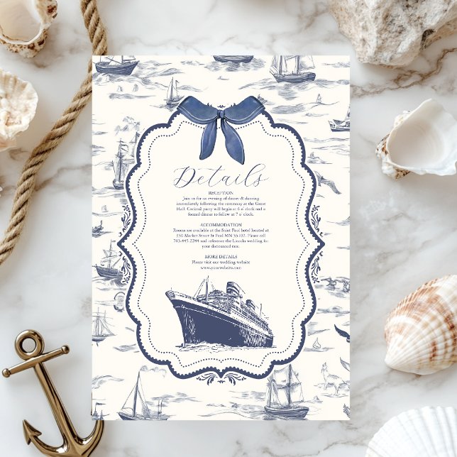 Chic Nautical Toile de Jouy Bow Wedding Begleitkarte (Von Creator hochgeladen)