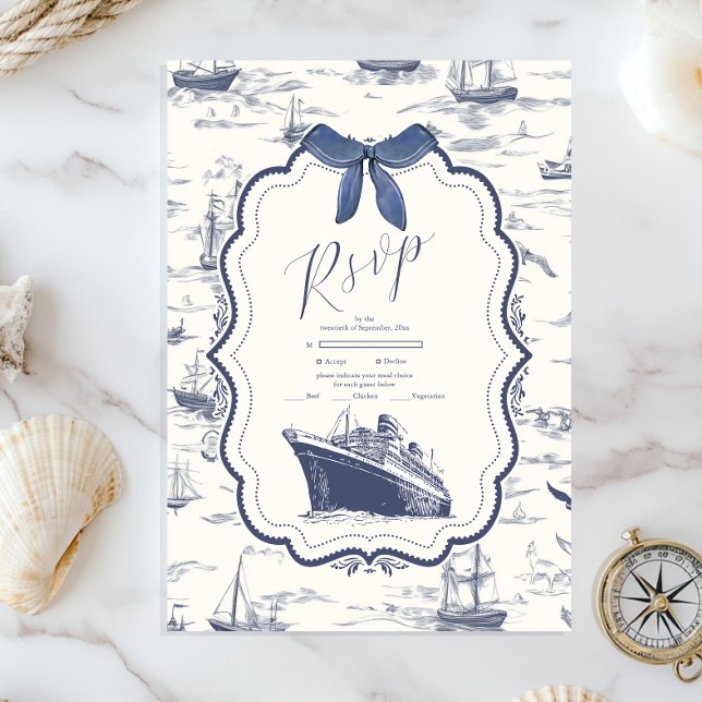 Chic Nautical Toile de Jouy Bow Wedding RSVP Karte (Von Creator hochgeladen)