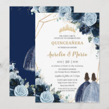 Chic Navy Baby Blue Floral Girls Twins Quinceañera
