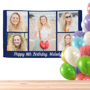 Chic Navy Blau Happy Birthday Foto-Collage-Party Banner
