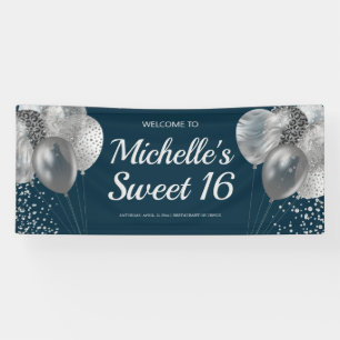 Chic Navy Blau Silber Glitter Ballons Sweet 16 Banner