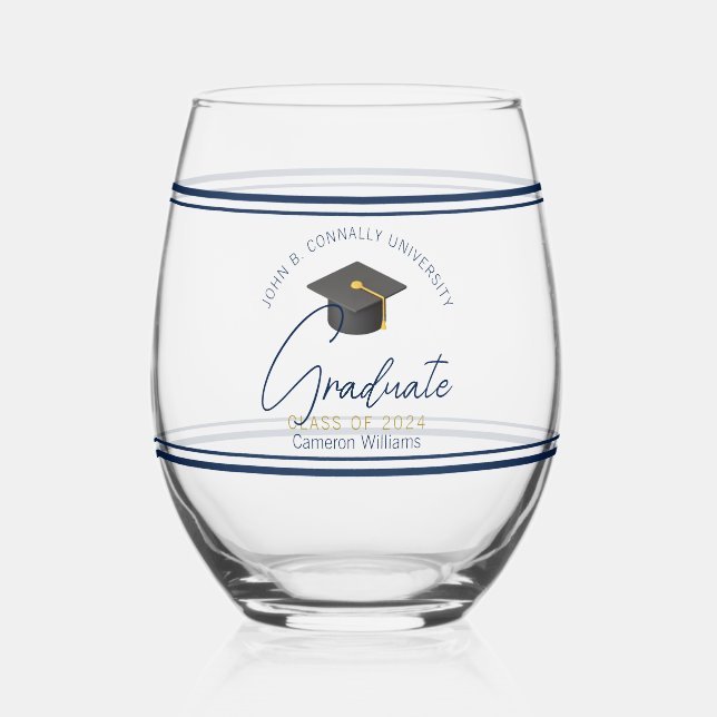 Chic Navy Blue Abschluss Keepake Geschenk Weinglas Ohne Stiel (Vorderseite)