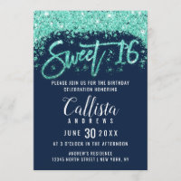 Chic Navy Blue and Turquoise Glitzer Dust Sweet 16