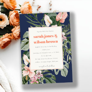 Chic Navy Blue Blush Boho Tropical Floral Wedding Einladung