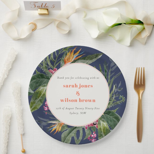 Chic Navy Blue Blush Boho Tropical Floral Wedding Pappteller (Hochzeit)