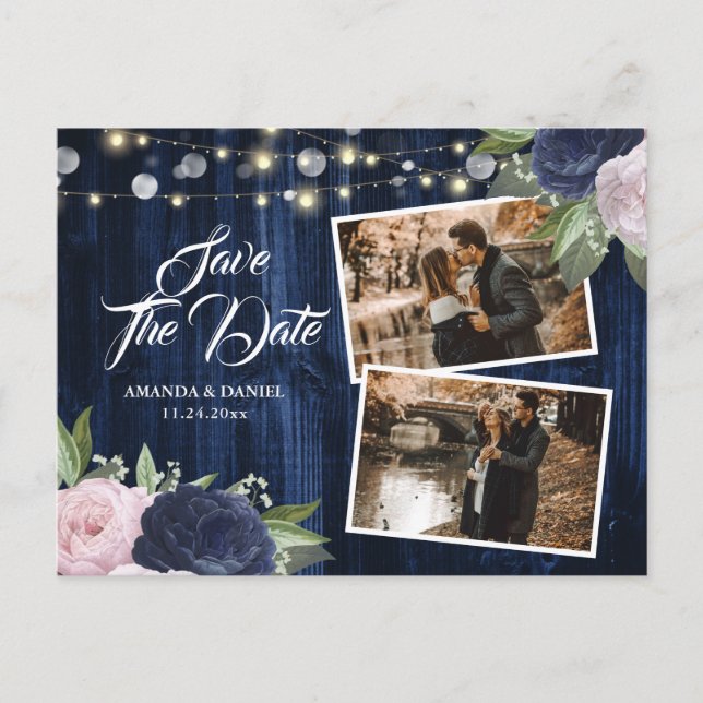 Chic Navy Blue Blush Floral Save the Date Ankündigungspostkarte (Vorderseite)