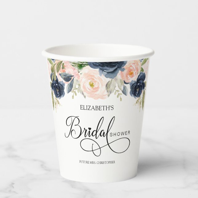 Chic Navy Blue Blush Pink Brautparty Pappbecher (Vorderseite)