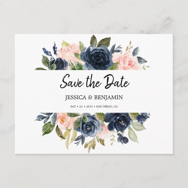 Chic Navy Blue Blush Pink Floral Save the Date Postkarte (Vorderseite)