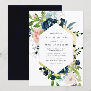 Chic Navy Blue Blush Pink Roses Blues Hochzeit Einladung