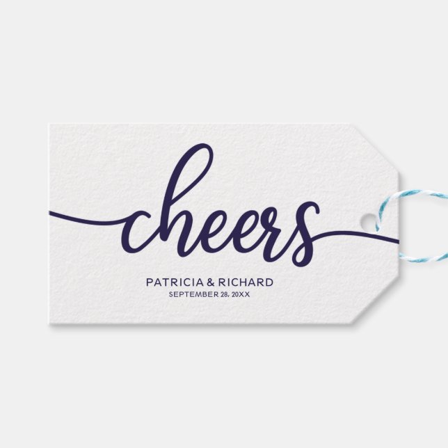 Chic Navy Blue Calligraphy Cheers Weinflaschen Tag Geschenkanhänger (Vorderseite (Horizontal))