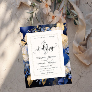 Chic Navy Blue Cream Flowers Faire-part de mariage