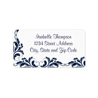 Chic Navy Blue Damask Blüh Border Adressaufkleber