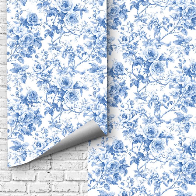 Chic Navy Blue French Toile Roses Floral Wallpaper Tapete (Chic Blue French Toile Roses Floral Wallpaper Design)