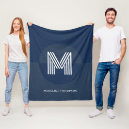 Chic Navy Blue Geometric Modern Monogram Fleecedecke