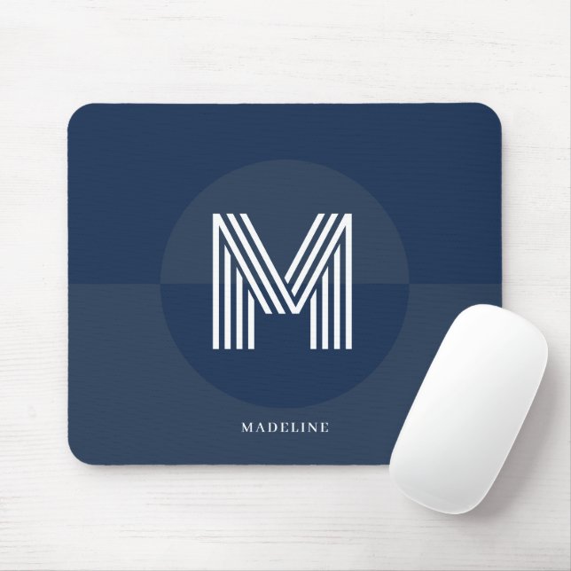 Chic Navy Blue Geometric Modern Monogram Mousepad (Mit Mouse)